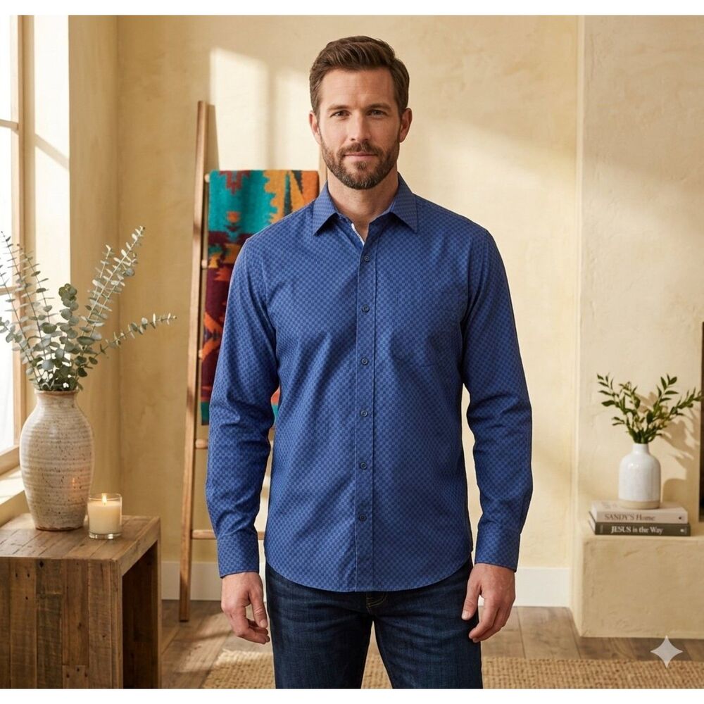 Johnston & Murphy Mens L Blue Black Geometric Tailored Fit Button Up Shirt